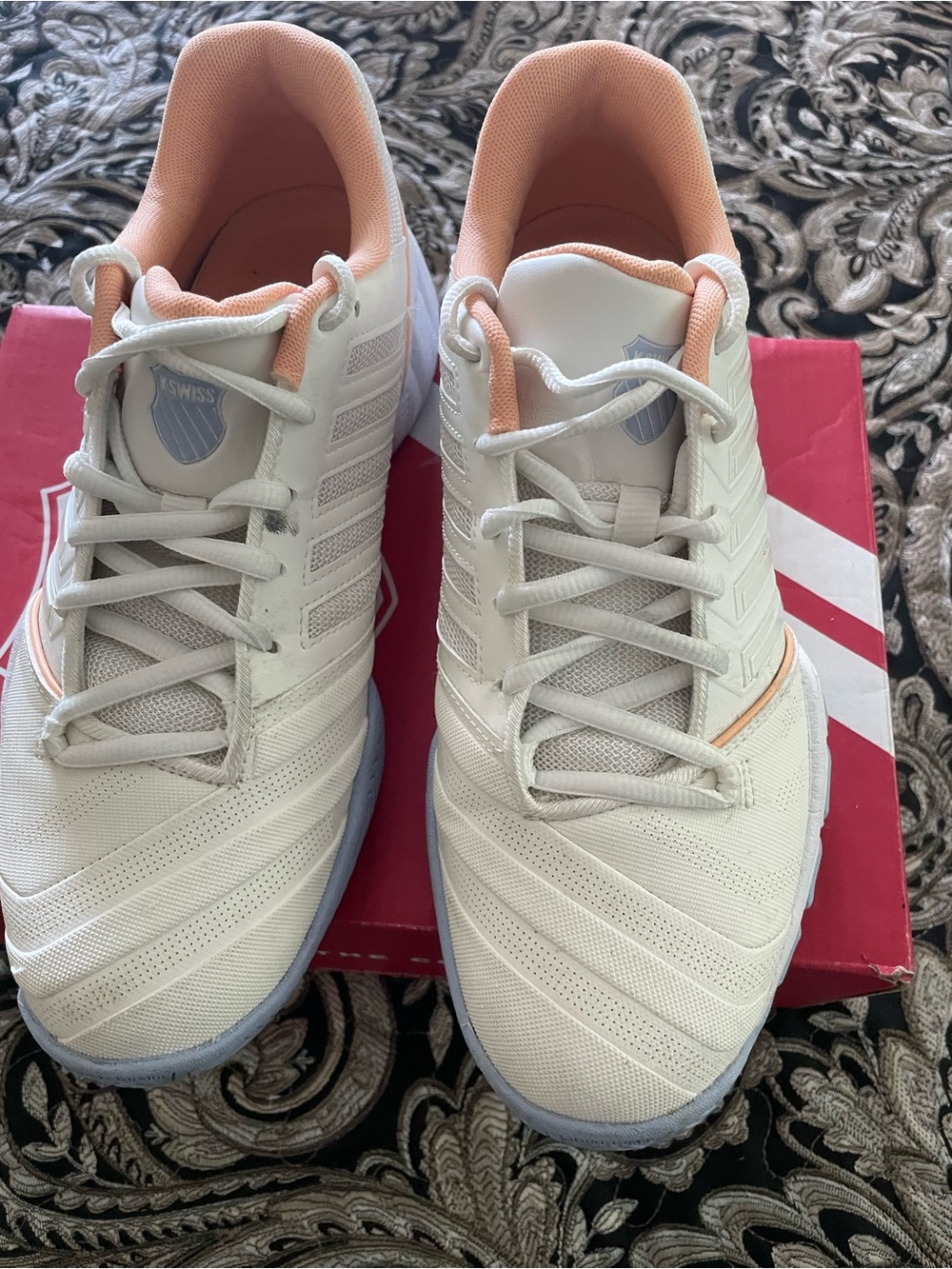 K-Swiss Women’s Big Shot Light 4 White, Peach and Blue Athletic Tennis Shoes